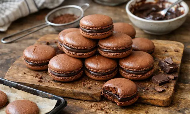 Pile de macarons au chocolat, prêts pour la dégustation. La cuisson macaron parfaite, avec une ganache onctueuse.