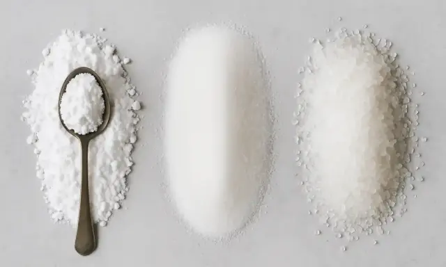 Trois tas de sucres : poudreux, fin et gros. Qu'est-ce que le sucre cristallisé ? Le fin est le plus courant.