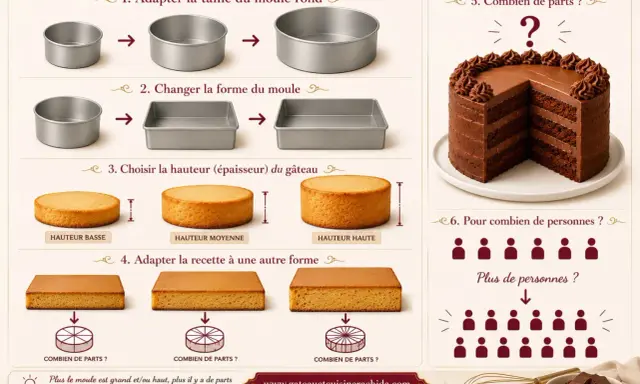 Guide pour adapter la recette de gâteau : taille, forme, hauteur, et le nombre de parts à découper. Plus le moule est grand, plus il y a de parts.