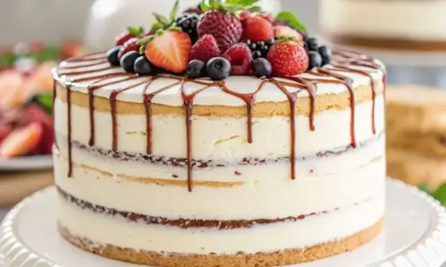 Gâteau naked cake citron, garni de fruits rouges frais et d'un coulis de chocolat. Un délice visuel et gustatif !