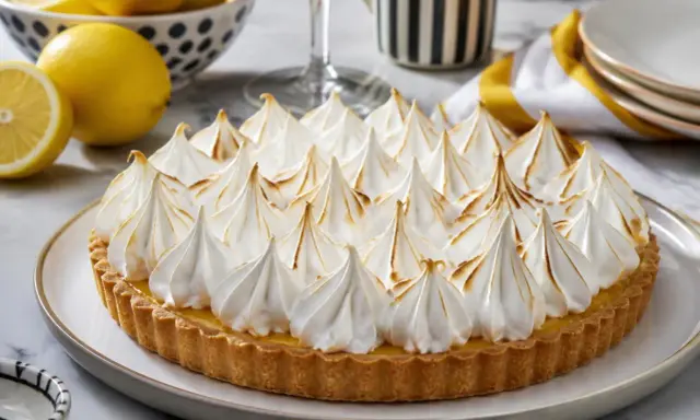 Tarte au citron généreusement garnie d'une meringue italienne meilleur du chef, dorée à la perfection.