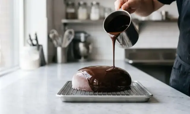 Un chef verse un glaçage miroir sur un entremet. La question "peut on congeler un entremet avec glaçage miroir" se pose devant cette œuvre.