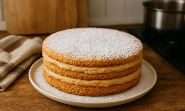 Gâteau à trois étages garni de crème onctueuse, saupoudré de sucre glace. Une délicieuse recette avec biscuit écrasé pour un dessert parfait.