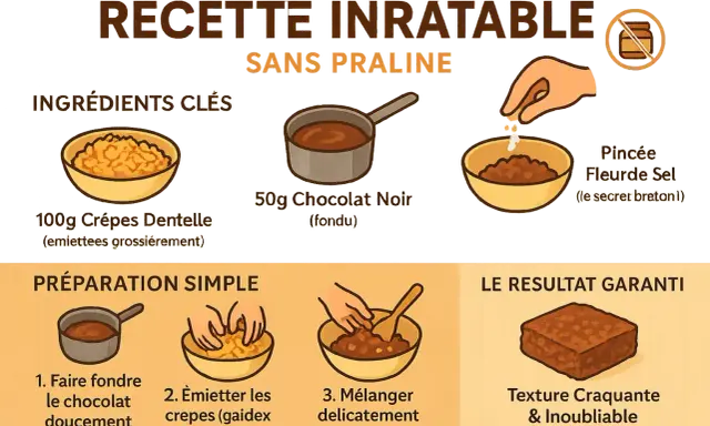 Recette facile pour un croustillant feuillantine sans praliné : chocolat fondu, crêpes dentelle émiettées et une pincée de fleur de sel pour un résultat garanti.