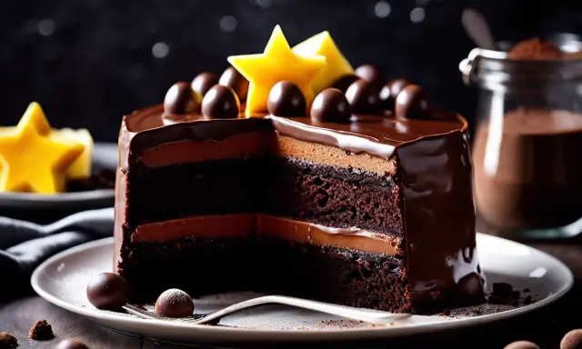 Un délicieux gâteau au chocolat à plusieurs étages, nappé de glaçage brillant et décoré de boules de chocolat et d'étoiles jaunes.