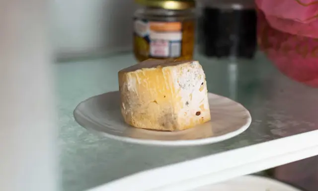 Un morceau de fromage moisi sur une assiette. Combien de temps ce gâteau périmé est-il resté au réfrigérateur ?