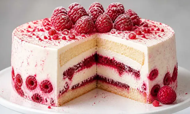 Gâteau à étages blanc et rose, garni de framboises fraîches et de poudre de framboise. Un délice fruité !