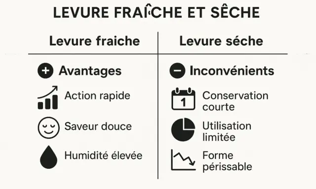 Tableau comparatif : équivalence levure fraîche et sèche. Avantages de la levure fraîche (rapide, saveur douce, humidité) vs inconvénients de la levure sèche (conservation courte, utilisation limitée, périssable).