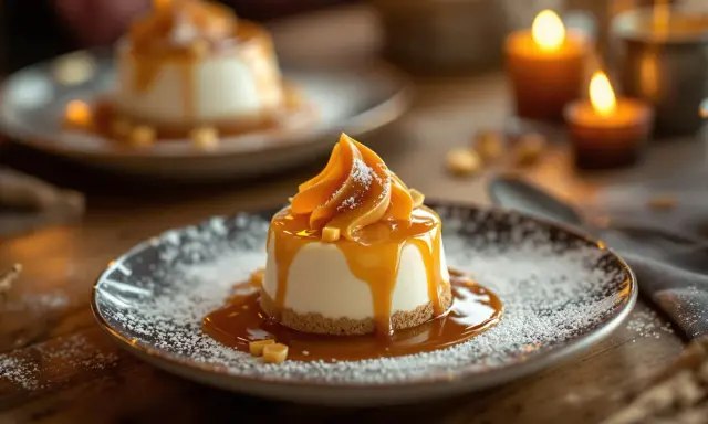 Un dessert crémeux avec une décoration caramel facile, saupoudré de sucre glace et de petits cubes de caramel. Ambiance chaleureuse avec des bougies.