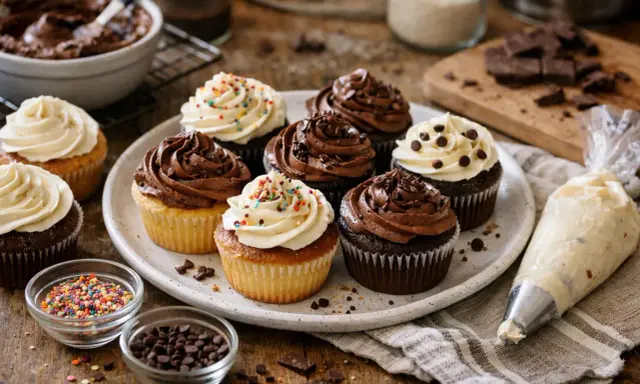 Plate of cupcakes with chocolate and vanilla frosting, sprinkles, and chocolate chips. A piping bag and ingredients suggest a moment of décoration cupcake facile.