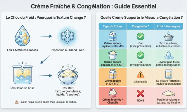 Guide sur la congélation de la crème : la crème liquide (>30% MG) se congèle avec précaution, mais sa texture est altérée.