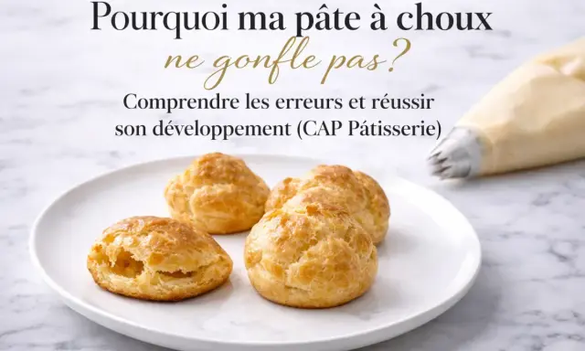 Pâte à choux sur une assiette, avec une poche à douille en arrière-plan. Le texte interroge : "Pourquoi ma pâte à choux ne gonfle pas ?