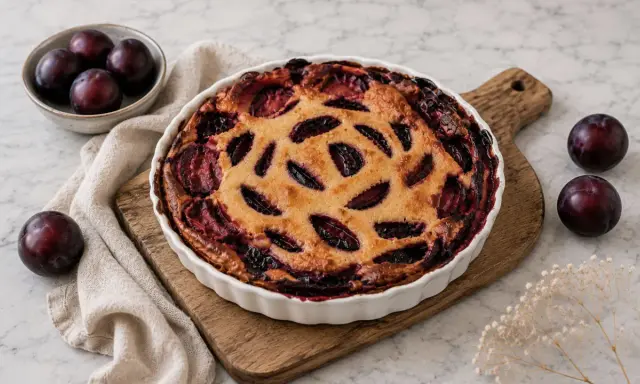 Un délicieux clafoutis aux prunes, doré et garni de fruits juteux, est prêt à être dégusté. Quelques prunes fraîches l'accompagnent.