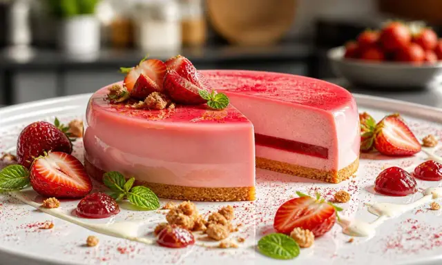 Un délicieux bavarois fraise, orné de fruits frais, de coulis et de crumble, sur une assiette blanche.