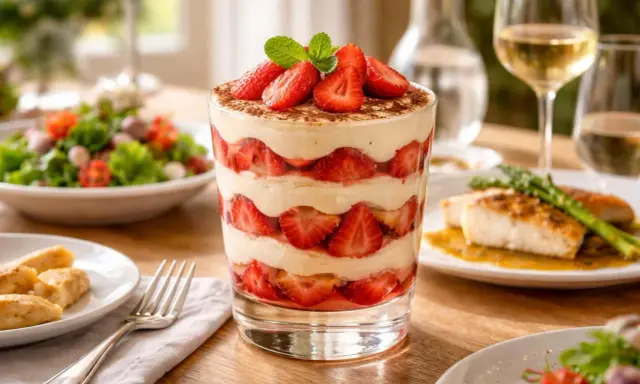 Un délicieux tiramisu fraise, superposé de crème onctueuse et de fruits rouges frais, garni de menthe et de cacao.