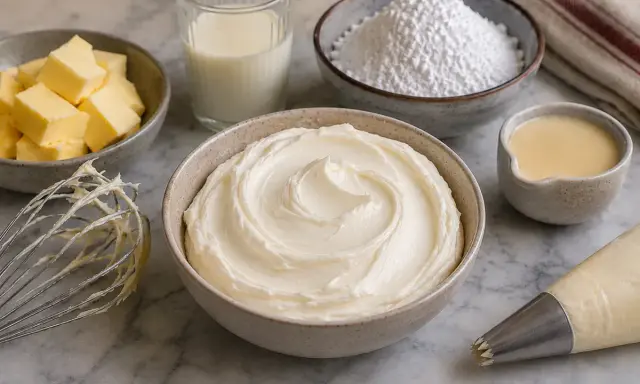 Préparation d'une délicieuse **butter cream** : beurre, sucre glace, lait, et une poche à douille prête à décorer.
