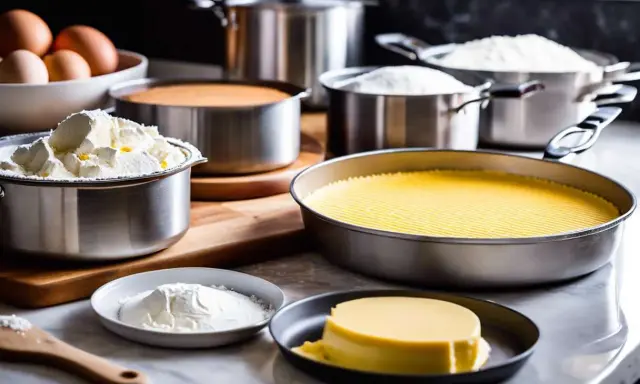Différents types de moules à pâtisserie sont prêts pour la création de desserts. On y voit des ingrédients comme des œufs, de la farine et de la crème.