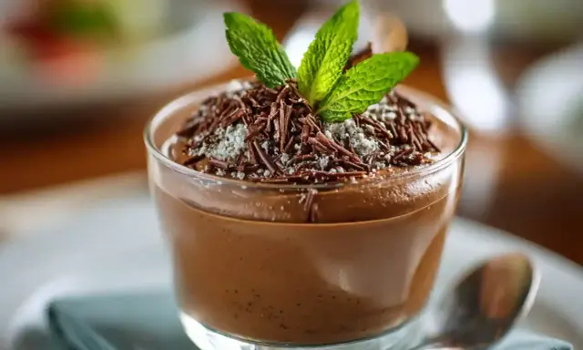 Délicieuse mousse au chocolat, garnie de copeaux de chocolat et d'une feuille de menthe fraîche. Un délice pour les yeux et les papilles.
