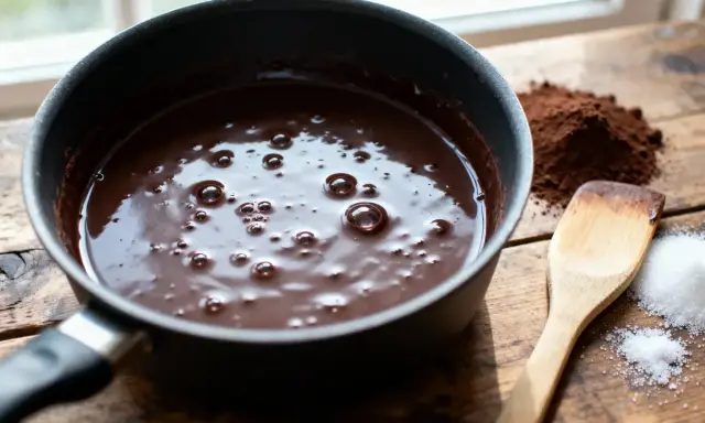 Comment faire fondre du chocolat : une casserole de chocolat fondu, du cacao en poudre, du sucre et une spatule en bois sur une table en bois.