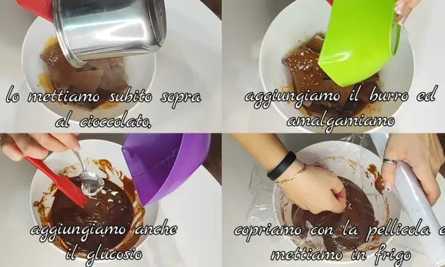 Préparation d'une ganache caramel : ajout de chocolat, beurre, puis glucose. Le mélange est ensuite couvert et mis au frais.