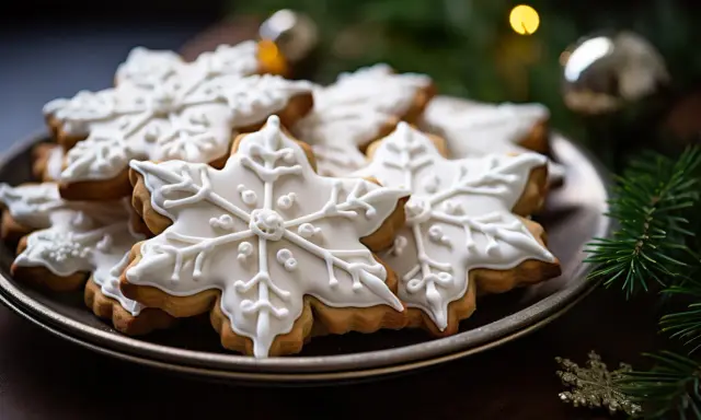 Biscuits en forme de flocons de neige, décorés d'un glacage royal blanc. Ambiance hivernale festive.