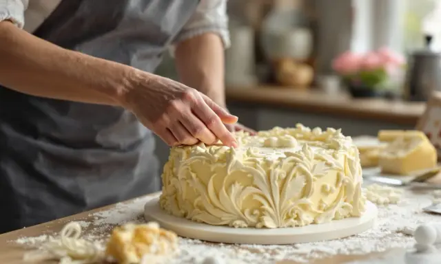 Main d'un pâtissier ajustant la décoration d'un gâteau à la composition pâte à sucre, orné de volutes élégantes.