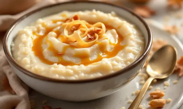 Un bol de riz au lait crémeux, nappé de caramel et garni de copeaux dorés. Une cuillère dorée repose à côté.