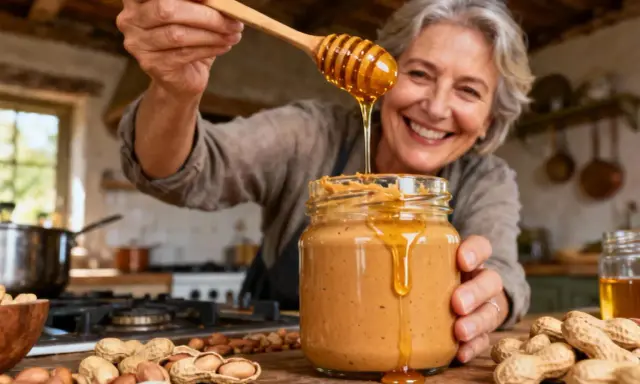 Une femme souriante ajoute du miel à un pot de beurre de cacahuète maison. La conservation de ce délice est assurée par sa préparation soignée.
