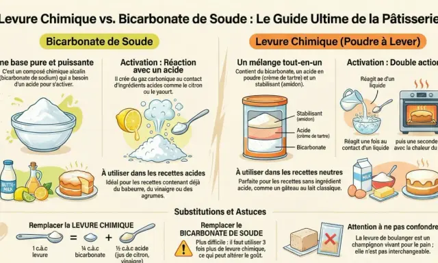 Comparaison levure chimique et bicarbonate de soude. Guide de pâtisserie montrant le dosage, l'activation et l'utilisation de chaque produit.