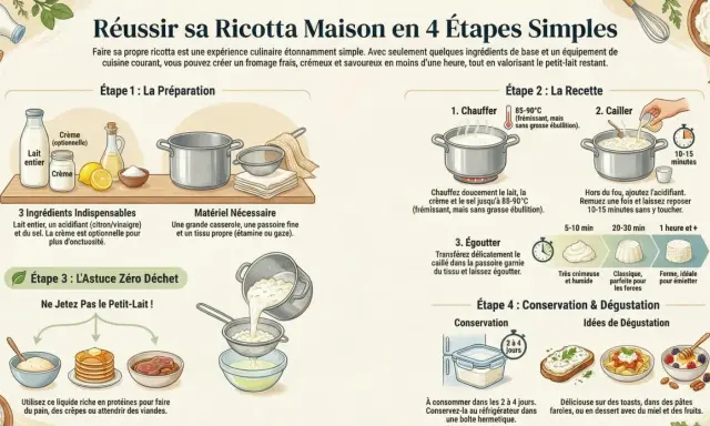 La ricotta maison se conserve 2 à 4 jours au frais. Peut-on congeler de la ricotta ? L'image montre comment la faire et la conserver.