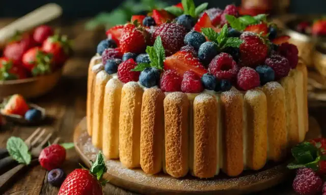 Charlotte aux fruits, un délice visuel et gustatif. Des biscuits à la cuillère entourent une crème onctueuse, le tout couronné de fraises, framboises et myrtilles fraîches.