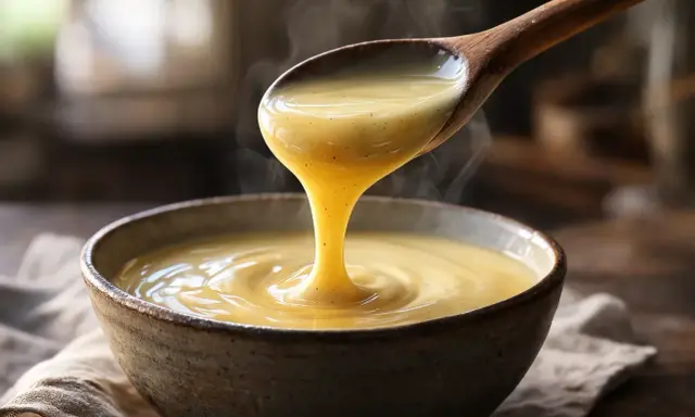 Crème anglaise onctueuse versée d'une cuillère en bois, rappelant la recette grand-mère. Vapeur légère s'échappant de ce délice.