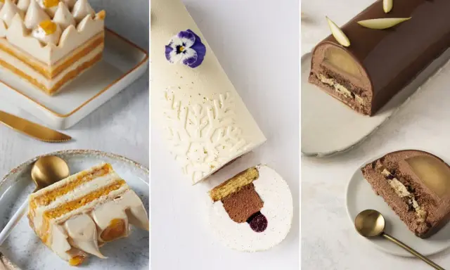 Trois bûches de Noël élégantes : une à la crème et fruits, une blanche givrée, et une au chocolat et poire. Idées pour savoir avec quoi recouvrir une bûche de noël.