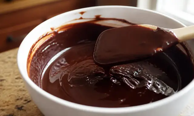 Une spatule mélange une ganache au chocolat brillante dans un bol blanc. Une astuce pour comment rattraper une ganache trop liquide est de la laisser refroidir.
