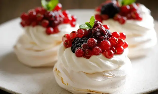 Trois mini pavlovas garnis de crème fouettée et de fruits rouges frais, dont des groseilles et des mûres.