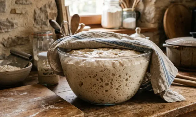 Un levain naturel pétillant dans un bol, prêt à être utilisé. La question "peut on mélanger levure de boulanger et bicarbonate" reste ouverte.