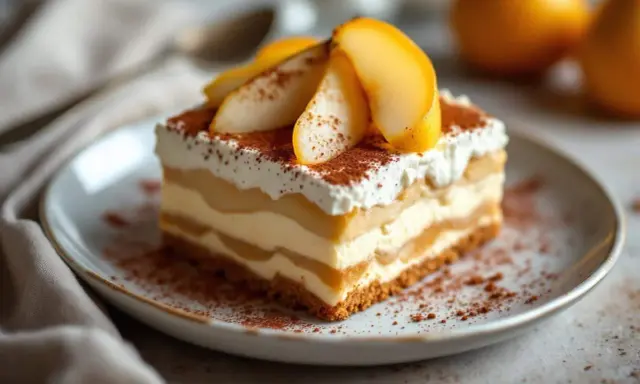Un déliceux tiramisu vanille aux couches crémeuses et aux fruits, saupoudré de cacao.