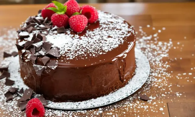 Un délicieux cake au chocolat, nappé de glaçage brillant, décoré de framboises fraîches, de copeaux de chocolat et saupoudré de sucre glace.