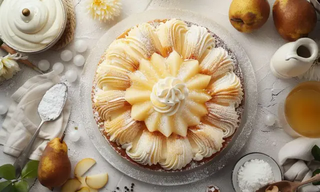 Une magnifique charlotte aux poires, ornée de fines lamelles de fruits et de crème fouettée, saupoudrée de sucre glace.