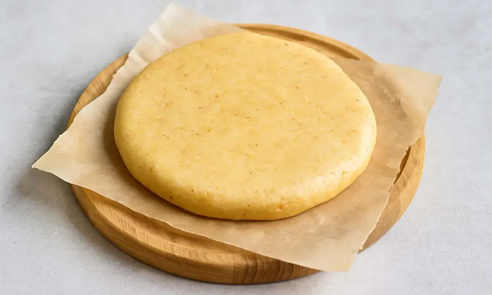 Pâte sablée crue, prête pour la conservation au frigo. Elle repose sur du papier sulfurisé, posé sur une planche en bois.