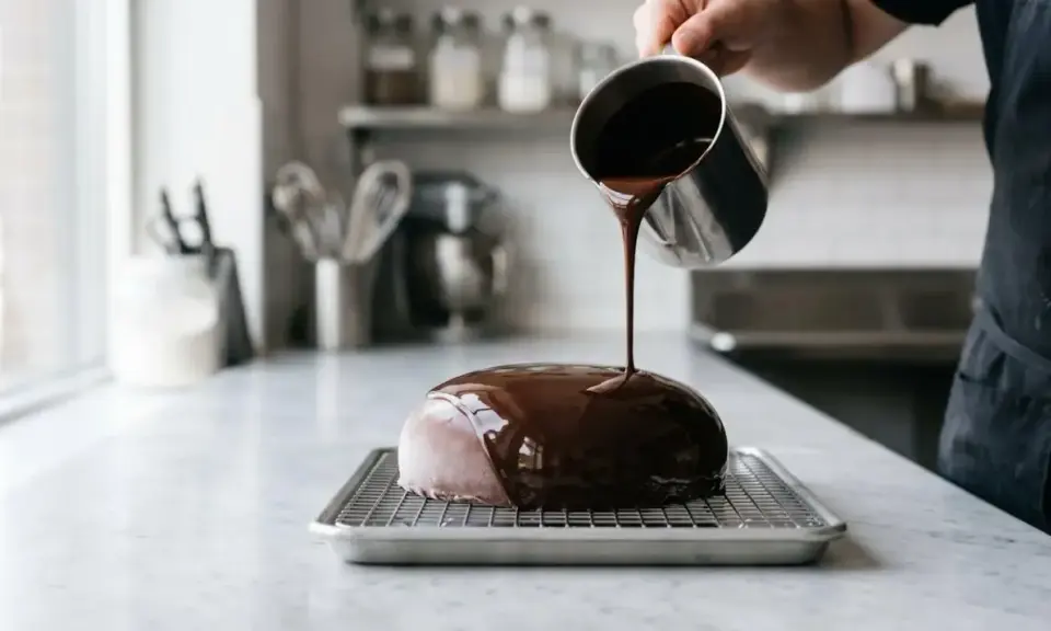 Un chef verse un glaçage miroir sur un entremet. La question "peut on congeler un entremet avec glaçage miroir" se pose devant cette œuvre.