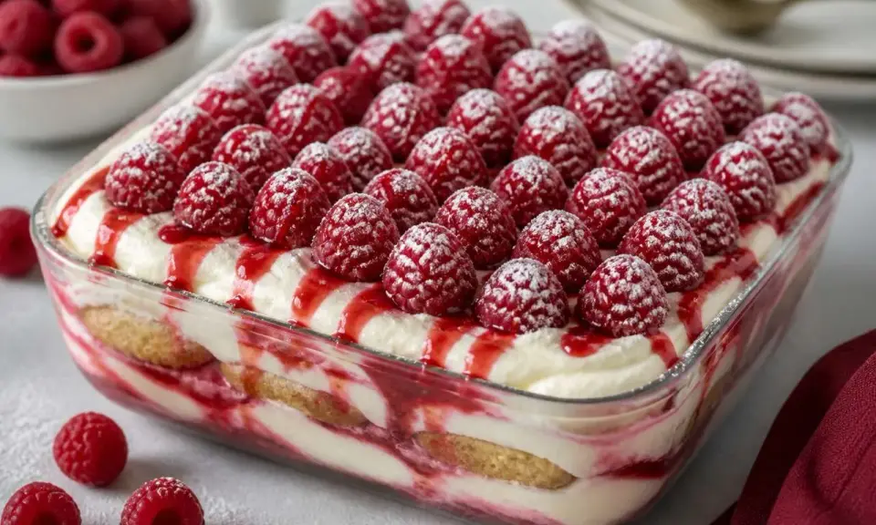 Tiramisu framboise, recette italienne. Un dessert crémeux et fruité, garni de framboises fraîches et d'un coulis rouge vif.