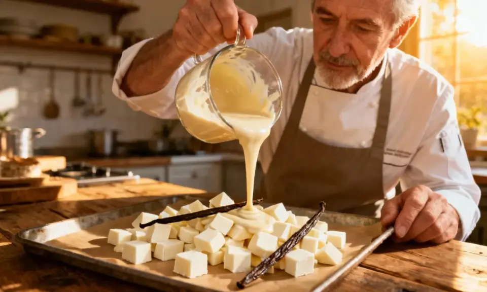Un chef verse une ganache vanille onctueuse sur des cubes de chocolat blanc et des gousses de vanille.