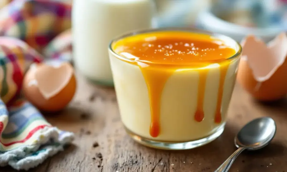 Un délicieux dessert aux oeufs au lait, nappé de caramel coulant, avec des coquilles d'œufs et une bouteille de lait en arrière-plan.