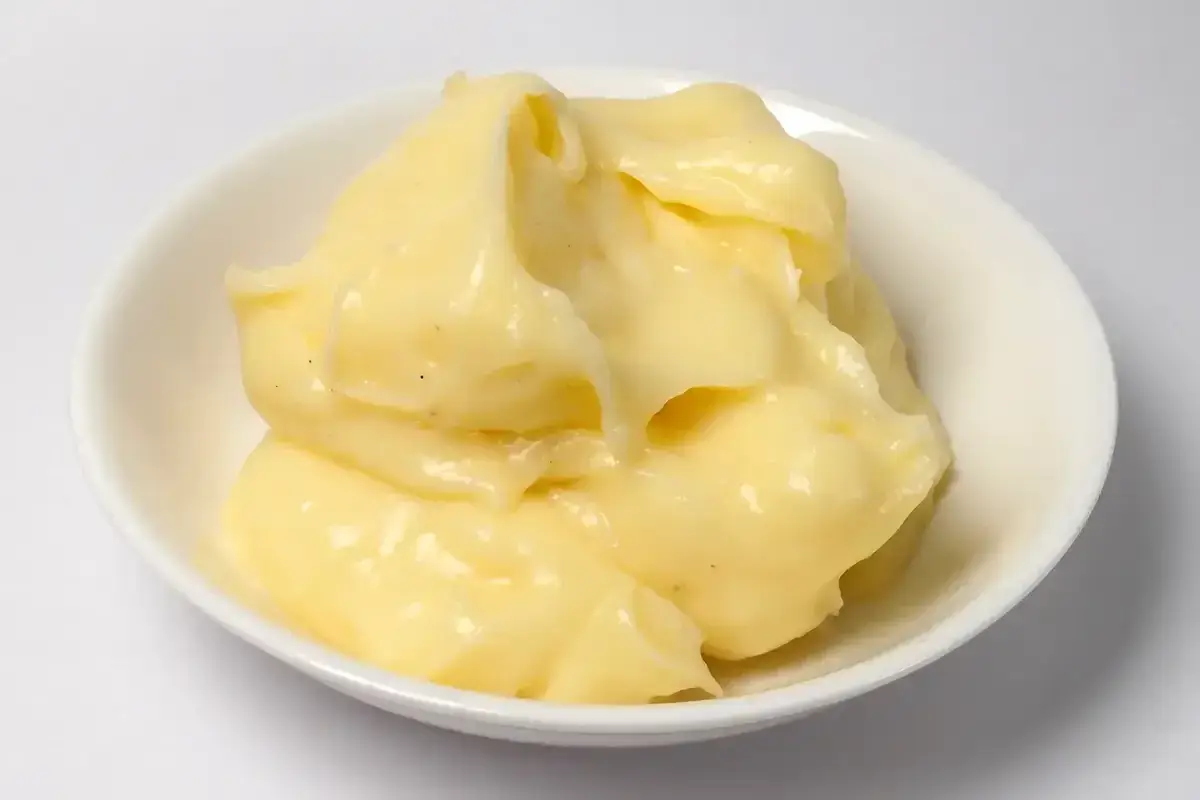 Crème pâtissière onctueuse et dorée, prête à garnir éclairs et millefeuilles. Petits points noirs de vanille visibles.