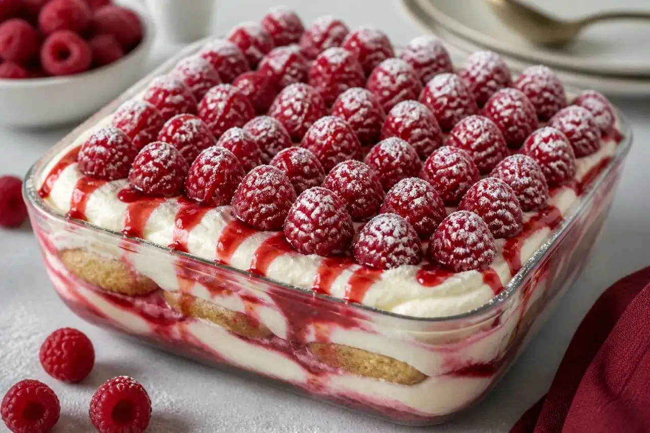 Tiramisu framboise, recette italienne. Un dessert crémeux et fruité, garni de framboises fraîches et d'un coulis rouge vif.