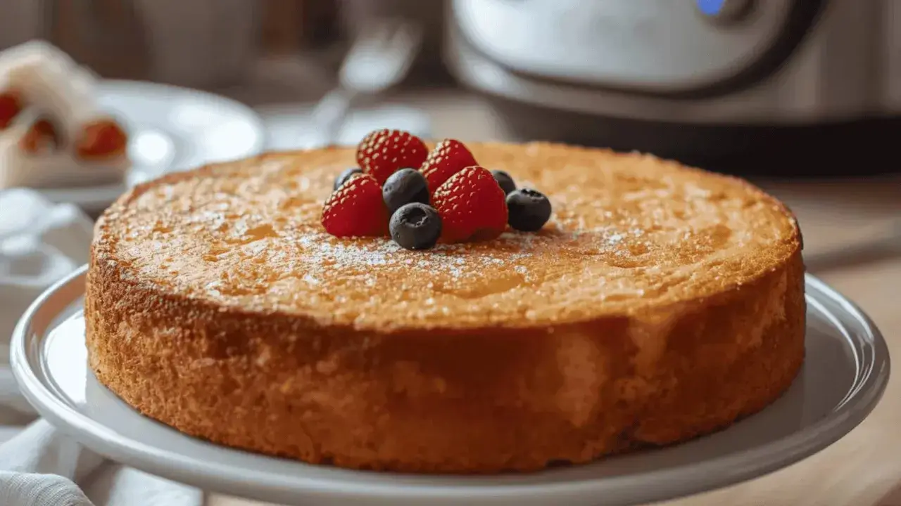 Un délicieux gâteau au yaourt, saupoudré de sucre glace et garni de framboises et myrtilles fraîches, prêt à être dégusté.