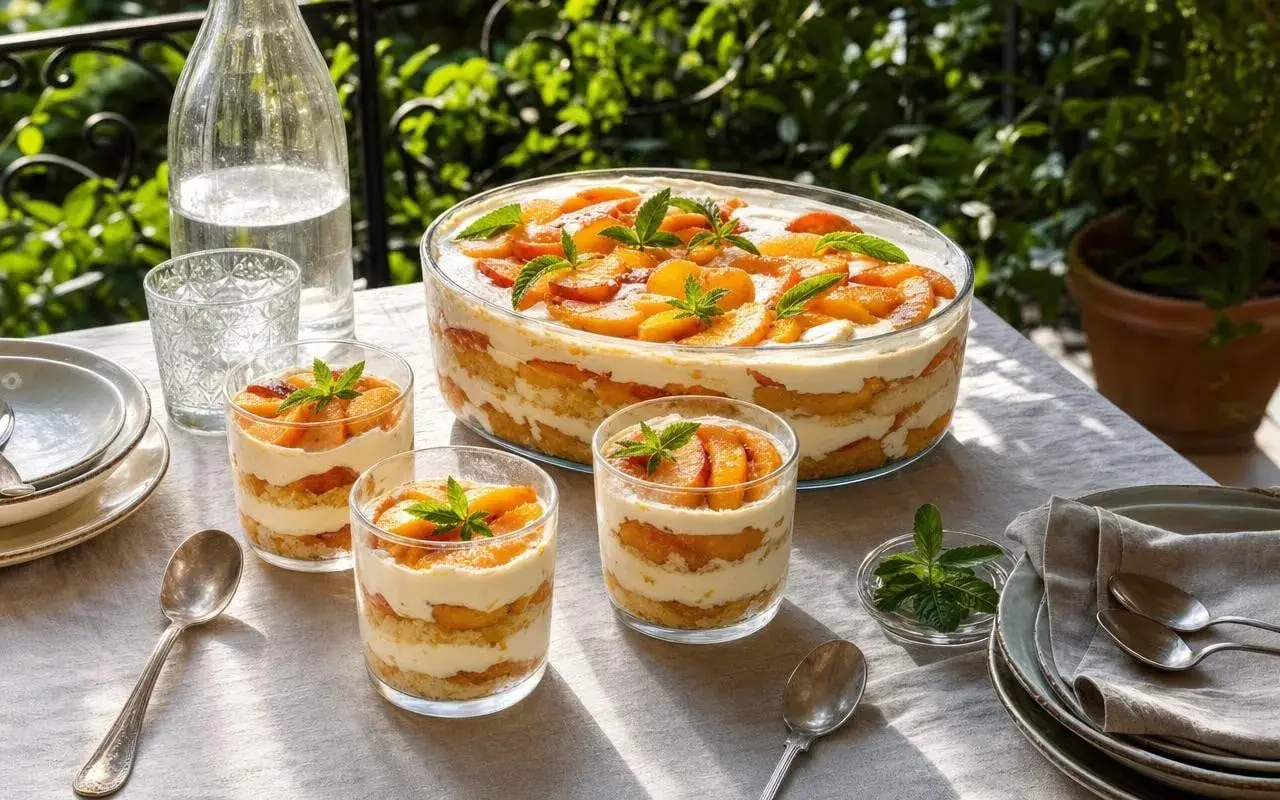 Un délicieux tiramisu aux pêches, présenté dans un grand plat et des verrines individuelles, garni de fruits frais et de menthe.