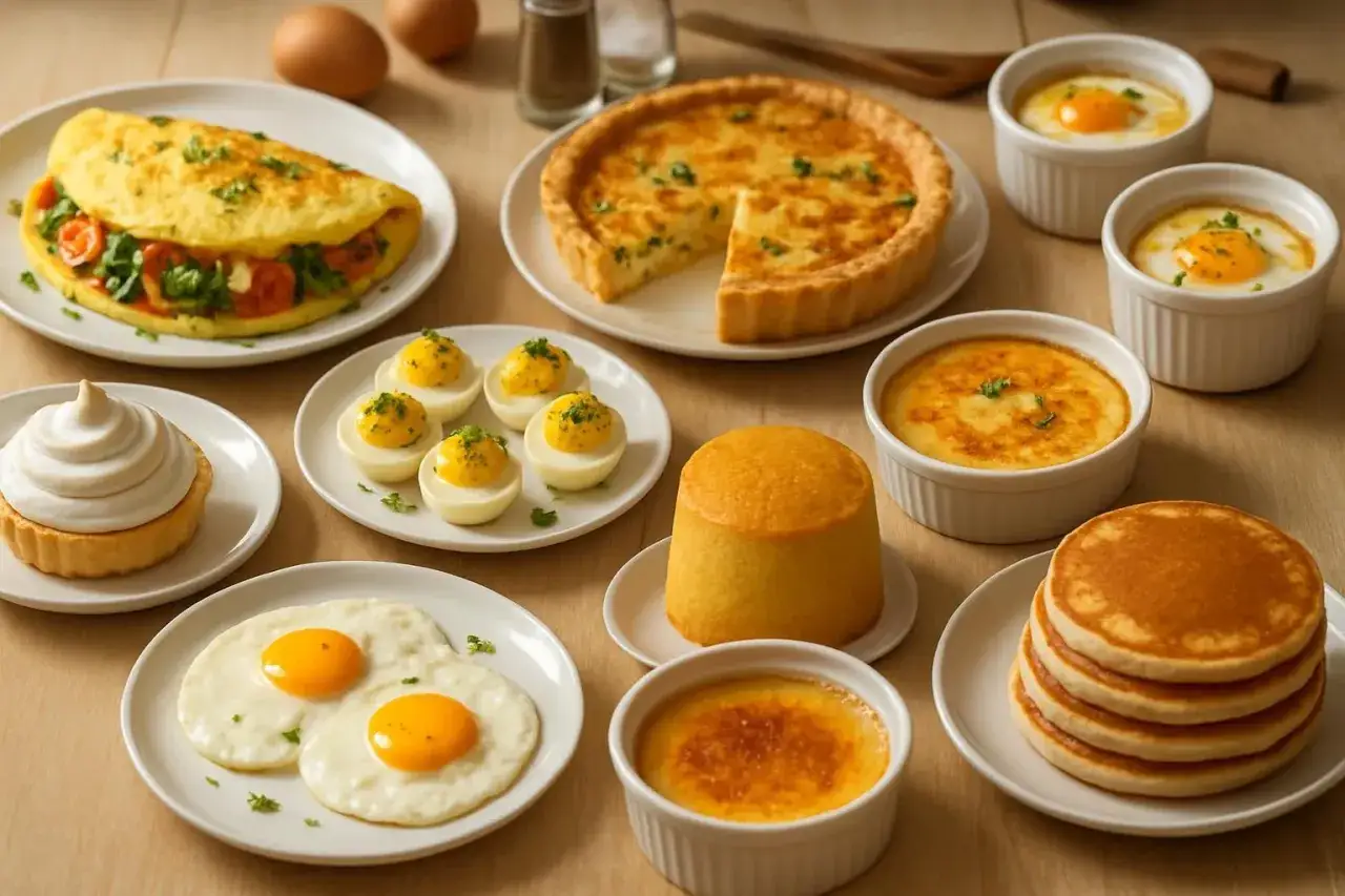 Un festin matinal avec une omelette, une quiche, des œufs durs farcis, des œufs au plat, des crèmes brûlées, des pancakes et une tartelette. Une recette avec beaucoup d'œufs pour bien commencer la journée !