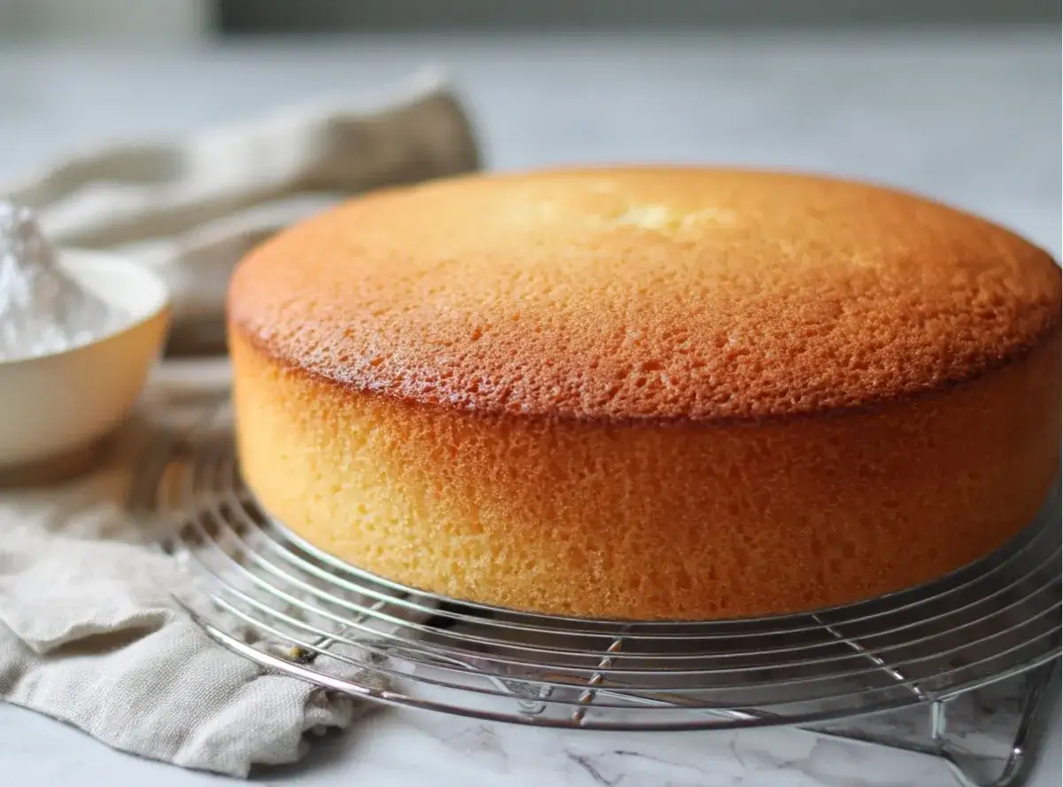 G&acirc;teau dor&eacute; sur une grille, t&eacute;moignant de l'action de la levure chimique pour une texture a&eacute;rienne.